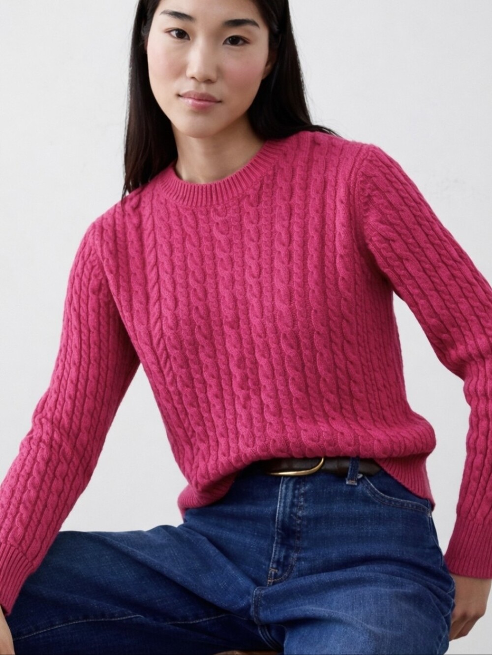 GAP Cotton Cable Knit Sweater Fuchsia Pink Classic Crewneck Size M